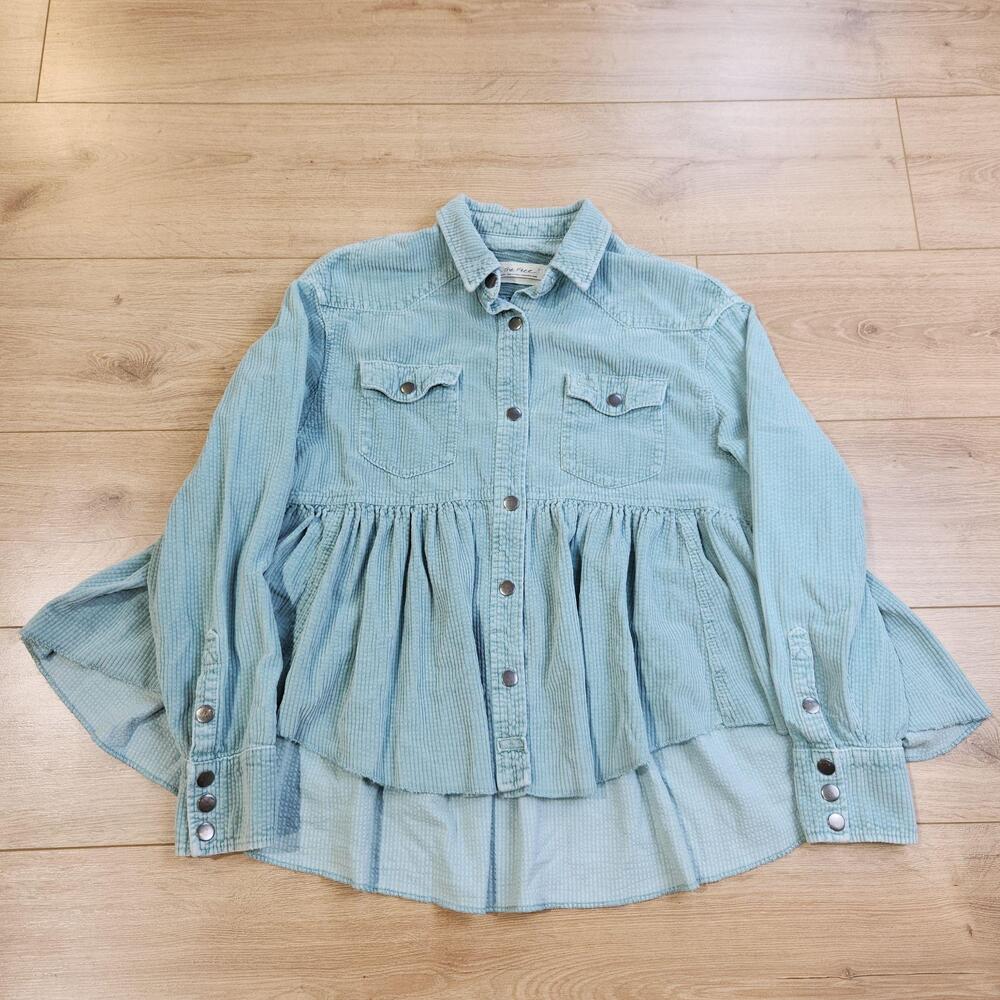 We The Free Tunic Shirt Womens XS Blue Corduroy Snap Front Ruffle Hem Peplum